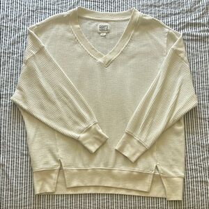Pink Rose Cream V-Neck Sweater with Ribbed Details